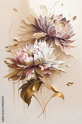 Abstract floral oil painting. Gold dahlia flowers on white background. Generative AI