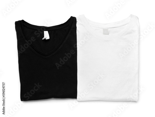 Folded stylish t-shirts on white background
