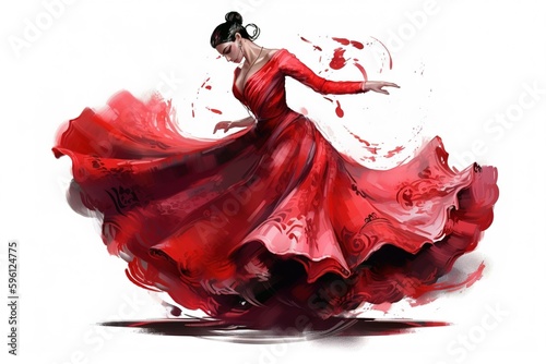 Watercolor illustration of Spanish Flamenco dancer with traditional red dress over white background. Generative AI illustration