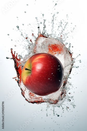 Fresh red apple in motion suspended with water splash behind over white background. Generative AI vertical shot