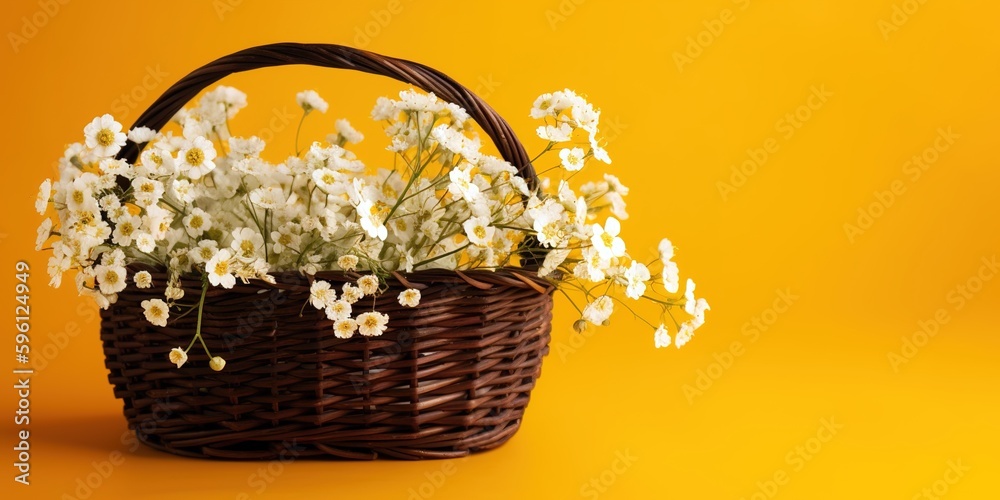 Wicker basket with tiny white flowers over yellow background with copy space. Generative AI