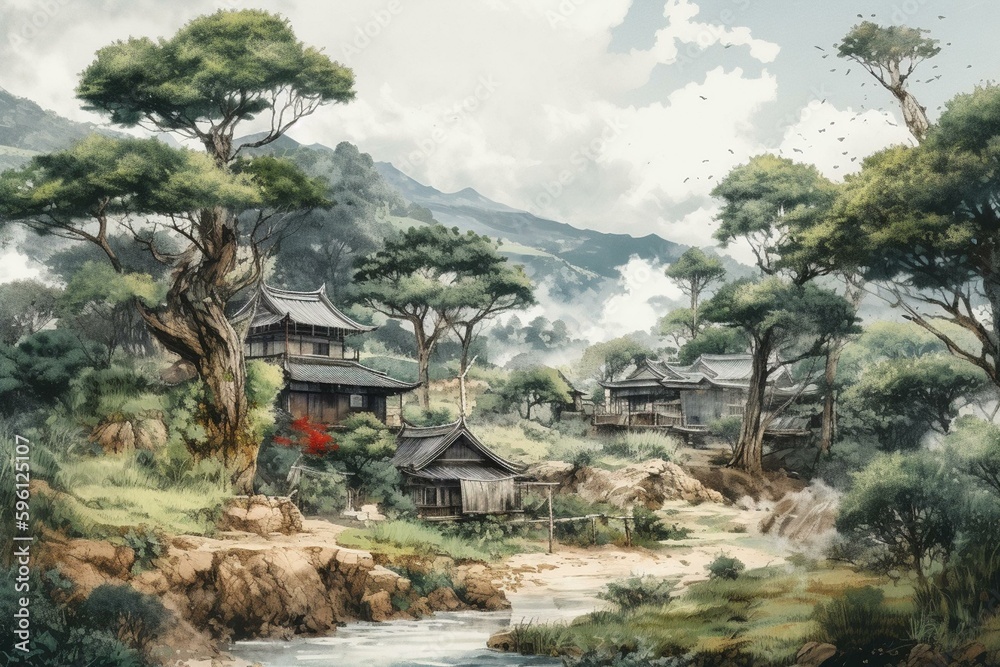 Japanese landscape watercolor painting. Generative AI