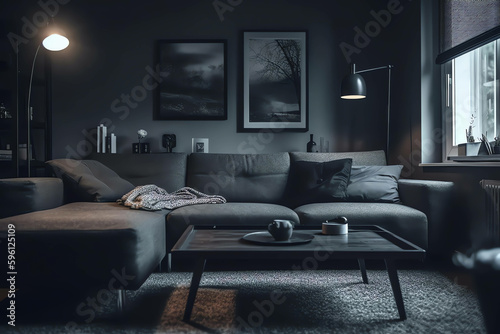The stylish and modern compostion at living room interior with sofa, wooden table, commode and elegant personal accessories 3d render, generative ai
