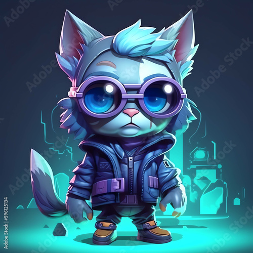 Futuristic Street Style cat on 3D Character Design with Trendy Earphones, Sweaters, and a Cyber City Backdrop generative ai
