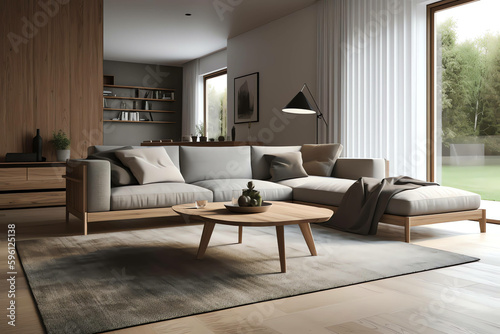 The stylish and modern compostion at living room interior with sofa, wooden table, commode and elegant personal accessories 3d render, generative ai © arlila