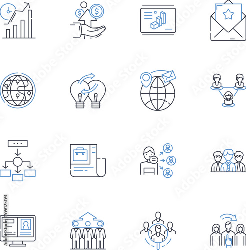 Startup collaboration line icons collection. Synergy, Collaboration, Partnership, Innovation, Teamwork, Nerking, Co-founder vector and linear illustration. Strategic,Support,Shared outline signs set