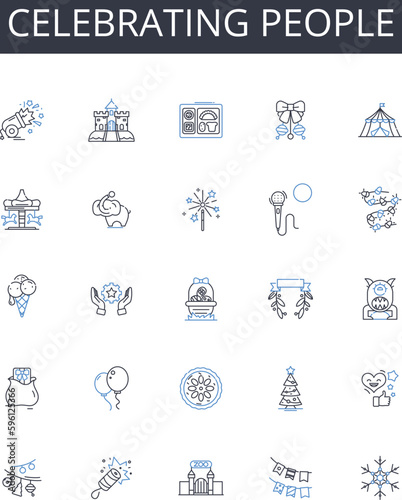 Celebrating people line icons collection. Applauding heroes, Honoring triumphs, Commending winners, Praising champions, Recognizing greatness, Hailing achievers, Felicitating stars vector and linear