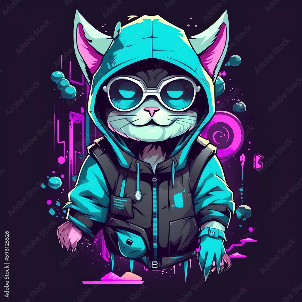 Synthwave Vibe Cyberpunk  cat Character in 3D Design with Trendy Earphones, Sweaters, and Cyber City Backdrop generative ai