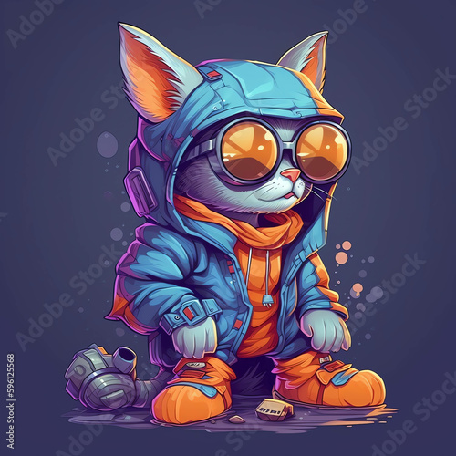 Synthwave Vibe Cyberpunk  cat Character in 3D Design with Trendy Earphones, Sweaters, and Cyber City Backdrop generative ai © arlila