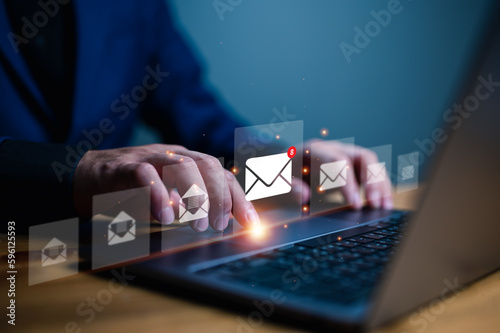 New email notification concept for business e-mail communication and digital marketing. Inbox, receiving electronic message alert. Business people, email in virtual screen. Internet technology. photo