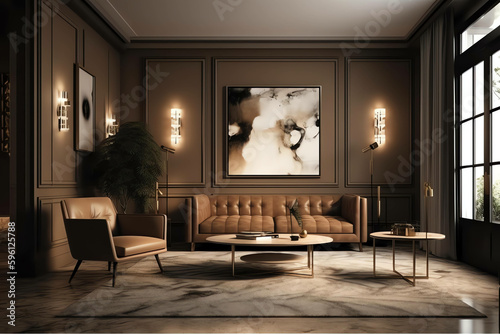 The stylish and modern compostion at living room interior with sofa  wooden table  commode and elegant personal accessories 3d render  generative ai