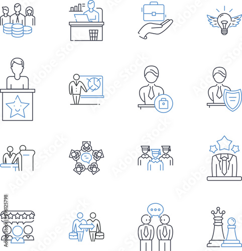 Professional affairs line icons collection. Credentialing, Nerking, Compliance, Mentorship, Licensure, Ethics, Development vector and linear illustration. Leadership,Regulation,Certification outline photo