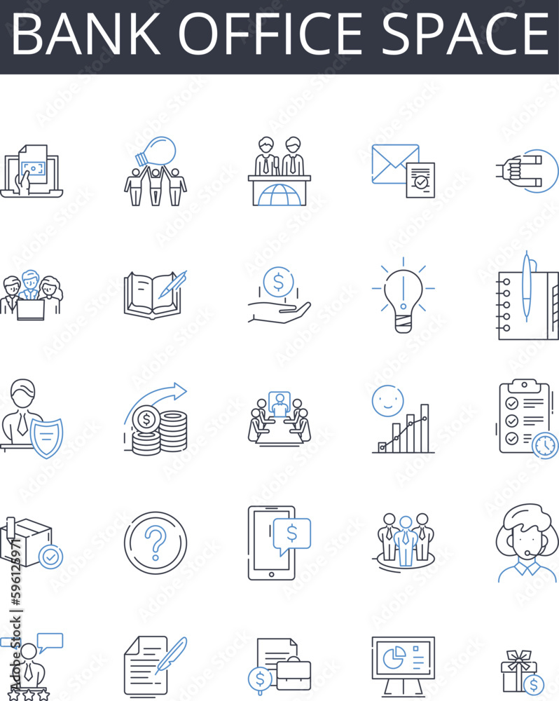 Bank office space line icons collection. Financial institution premises, Banking establishment area, Cash handling office, My management space, Deposit center, Loan office, Wealth management hub