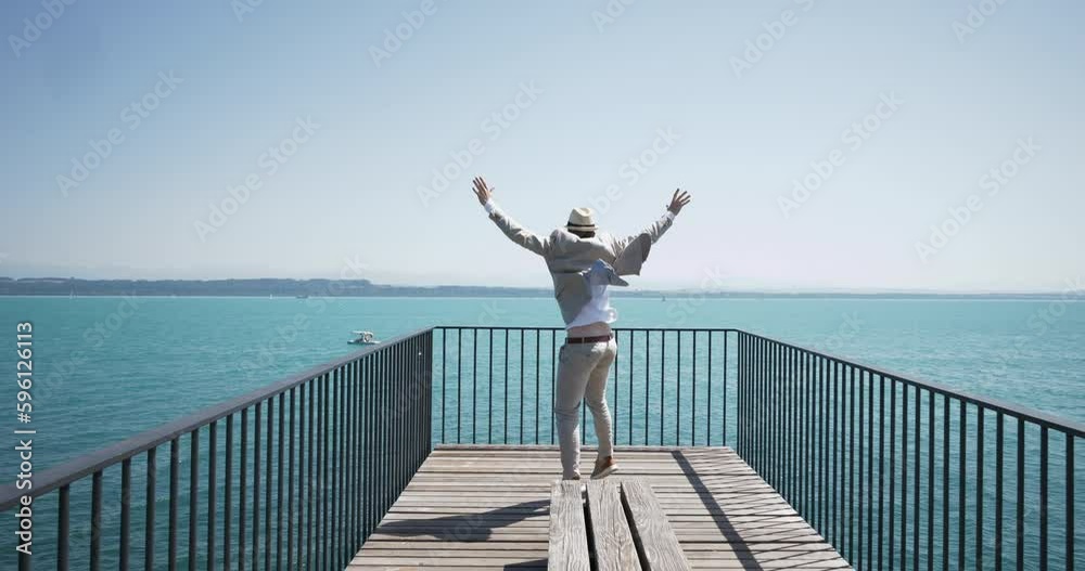One Carfree Young Man Wearing A Hat And Suit In Retro Vintage Style Discovering Lake Bridge Travel Destination Scenery in Summer Time One Carfree Young Man Wearing A Hat And Suit In Retro Vintage Style Discovering Lake Bridge Travel Destination Scenery in Summer Time