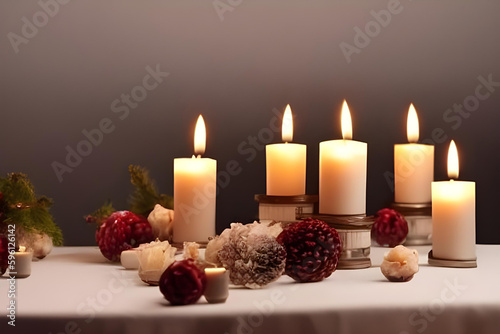 christmas candle and decorations. three burning candles. candle concept. candles.