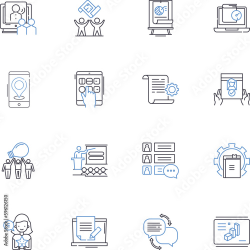 News broadcasting line icons collection. Journalism, Headlines, Reporters, Anchor, Breaking, Live, Current vector and linear illustration. Broadcast,Coverage,Editor outline signs set