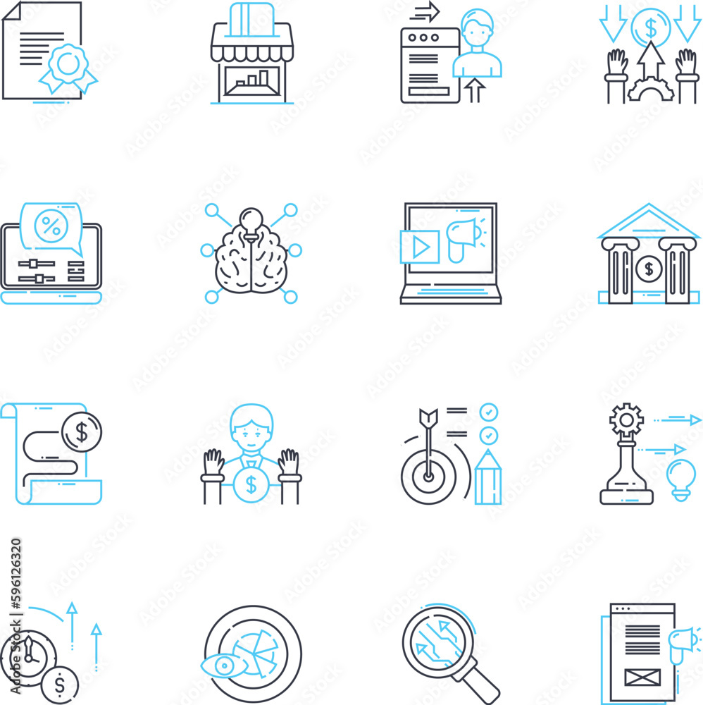 Leadership development linear icons set. Empowerment, Influence, Accountability, Growth, Coaching, Mentorship, Vision line vector and concept signs. Teamwork,Communication,Adaptability outline