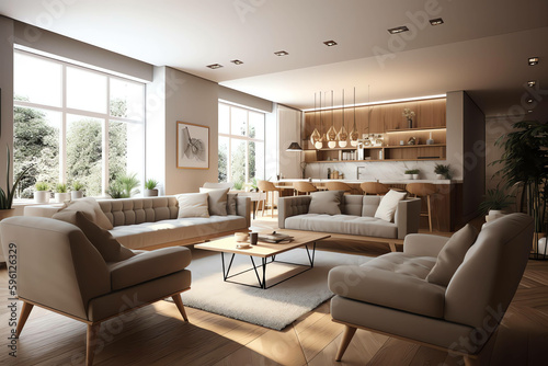 The stylish and modern compostion at living room interior with sofa, wooden table, commode and elegant personal accessories 3d render, generative ai © arlila