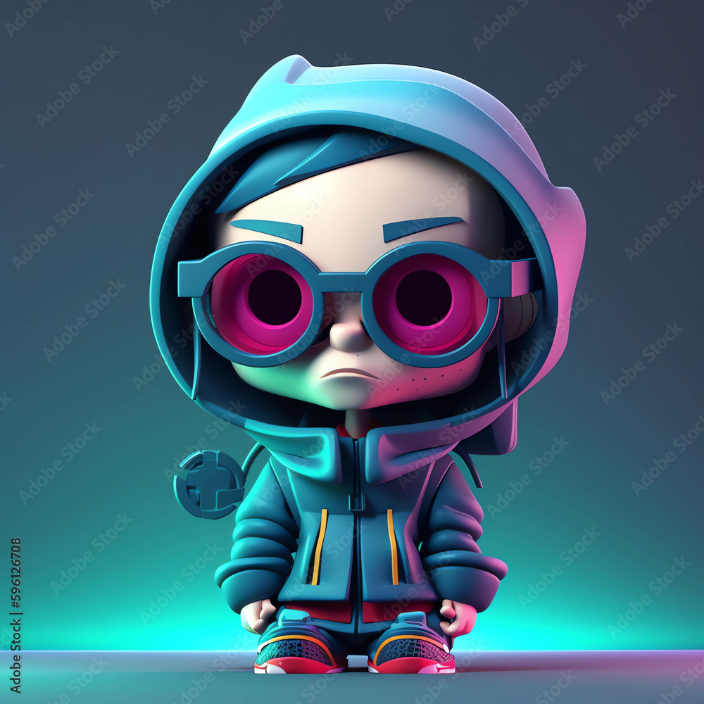 Cyberpunk Character in 3D Design with Trendy Earphones, Sweaters, and a Stunning Cityscape Backdrop generative ai