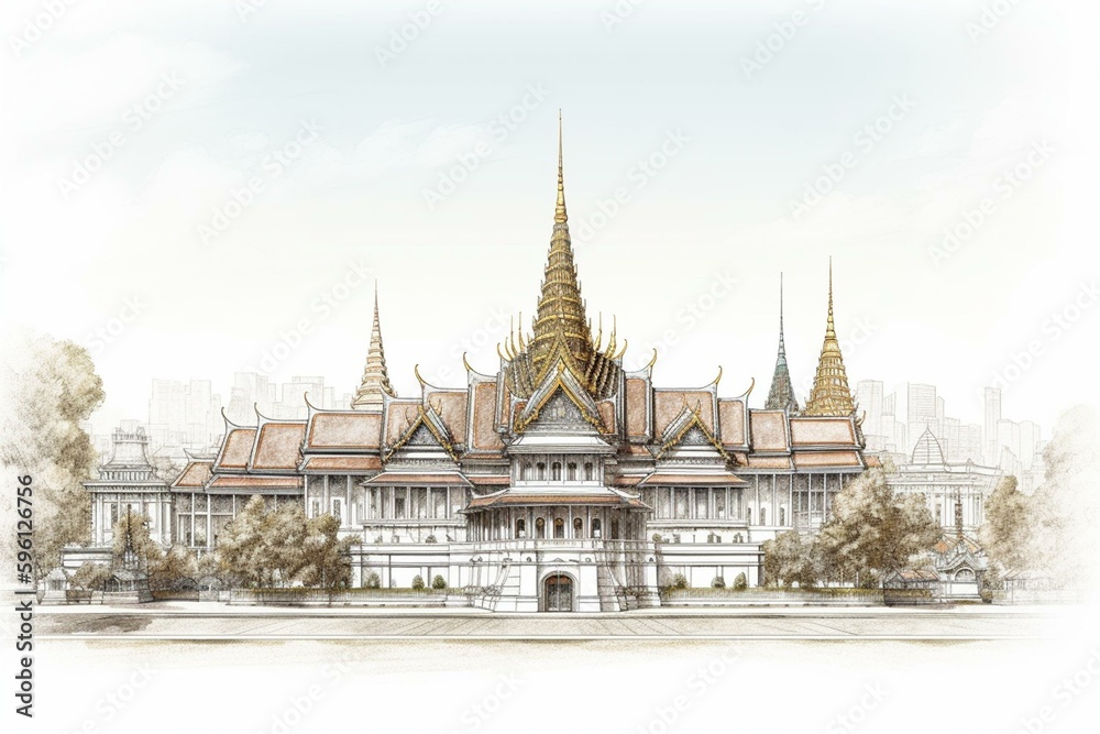 Illustration of the Grand Palace with a white background, perfect for vacation postcards and travel escapade. Generative AI