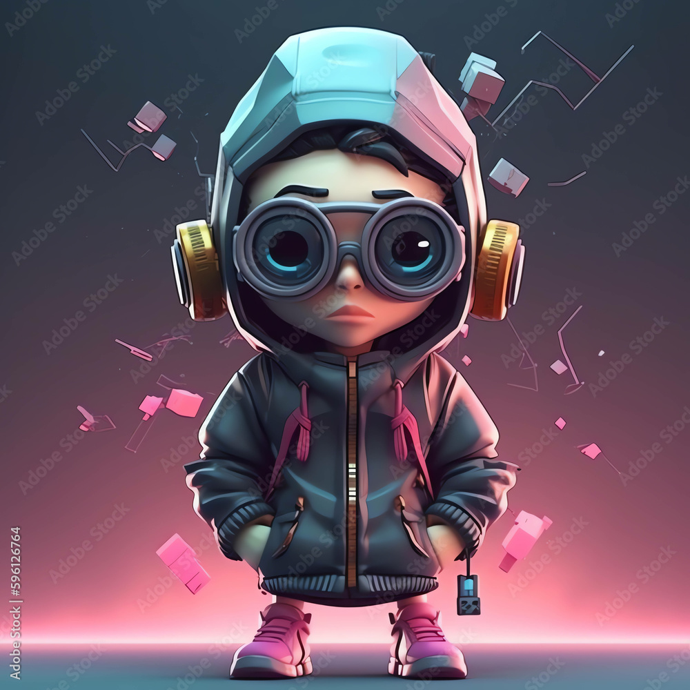Cyberpunk Character in 3D Design with Trendy Earphones, Sweaters, and a Stunning Cityscape Backdrop generative ai