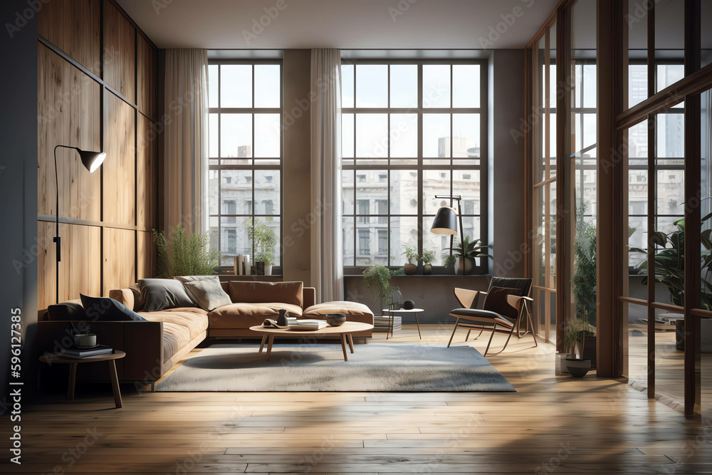 Modern Living Room 3D Render Design Minimalist style. generative ai Modern Living Room 3D Render Design Minimalist style. generative ai