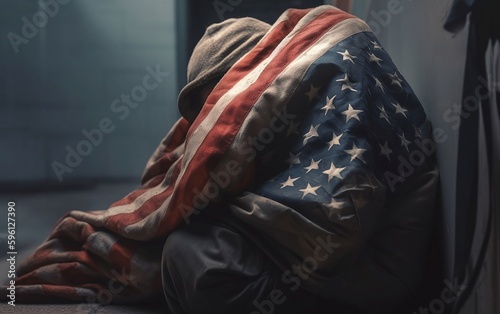 Homeless faceless man begging on sidewalk in the city covered in American flag created with Generative AI technology