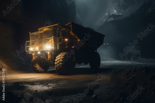 Coal open-pit mining with big yellow truck for transportation. Generative AI