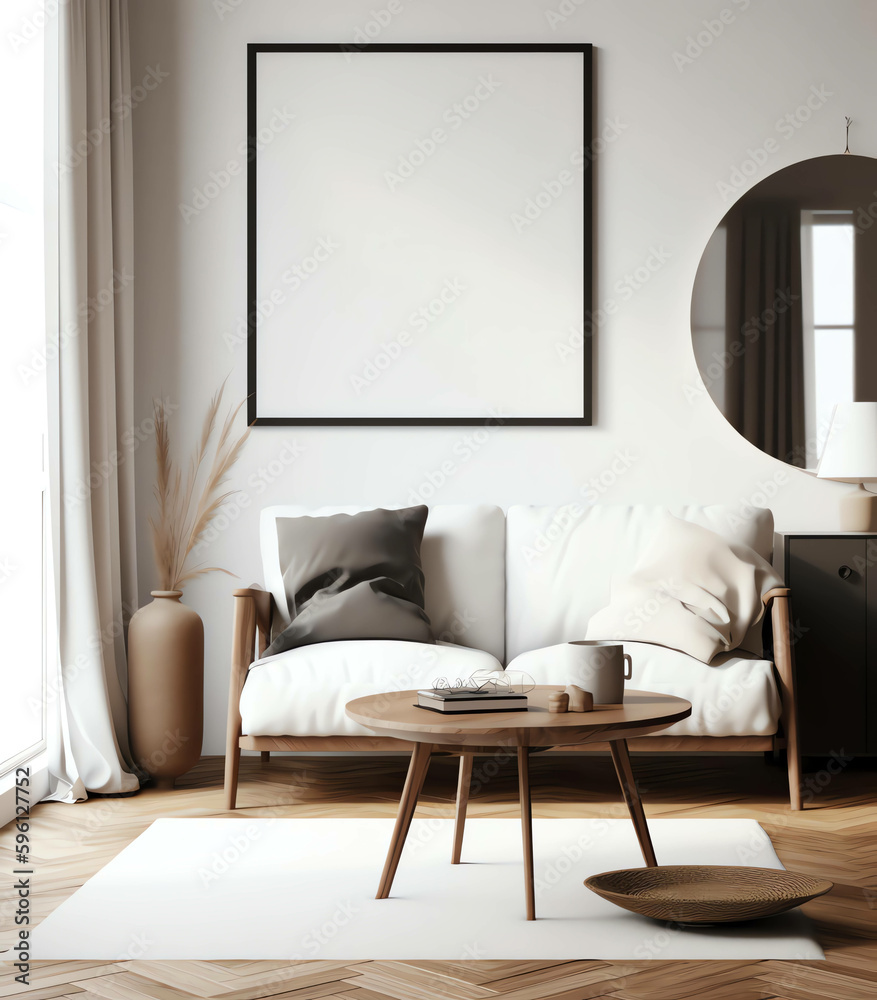 A Contemporary Twist, Scandinavian Minimalism in a 3D Living Room Interior,with frame mockup A Contemporary Twist, Scandinavian Minimalism in a 3D Living Room Interior,with frame mockup