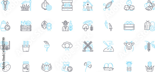 Sustainable ranch linear icons set. Grazing, Pasture, Conservation, Wildlife, Restoration, Regeneration, Biodiversity line vector and concept signs. Livestock,Stewardship,Organic outline illustrations