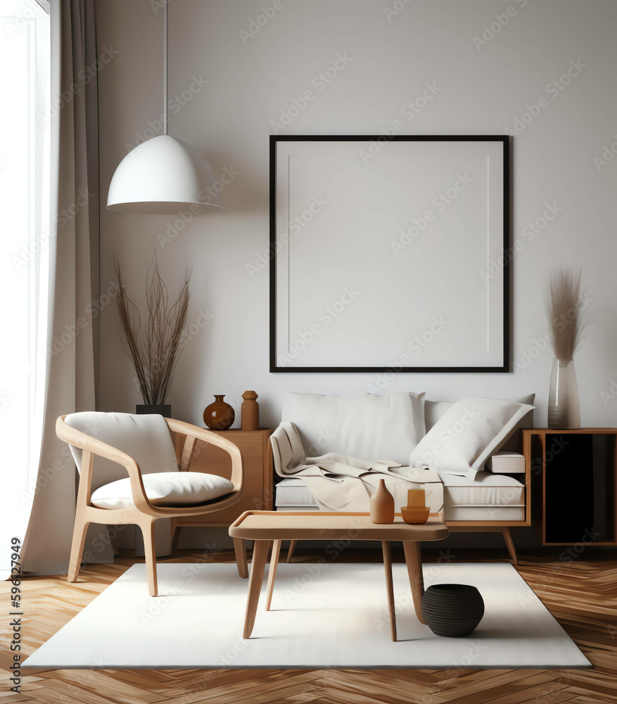 A Contemporary Twist, Scandinavian Minimalism in a 3D Living Room Interior,with frame mockup A Contemporary Twist, Scandinavian Minimalism in a 3D Living Room Interior,with frame mockup