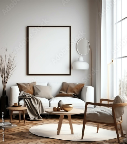A Contemporary Twist  Scandinavian Minimalism in a 3D Living Room Interior with frame mockup