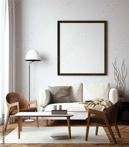 A Contemporary Twist, Scandinavian Minimalism in a 3D Living Room Interior,with frame mockup © arlila
