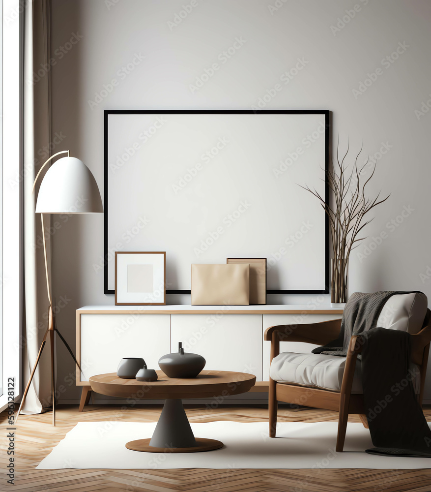 Minimalist and Modern Interior Living Room with Mockup frame and soft sofa color, generative ai