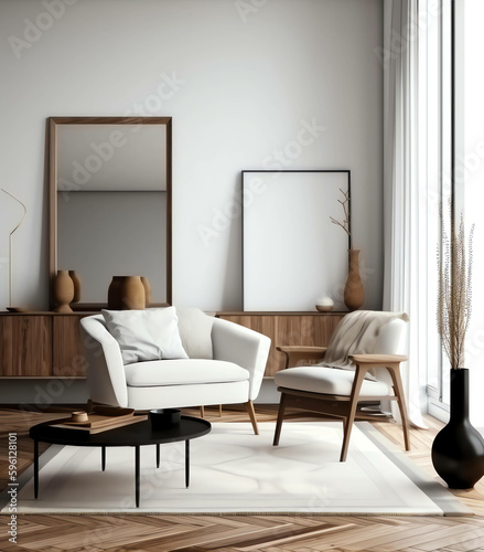 Minimalist and Modern Interior Living Room with Mockup frame and soft sofa color, generative ai © arlila