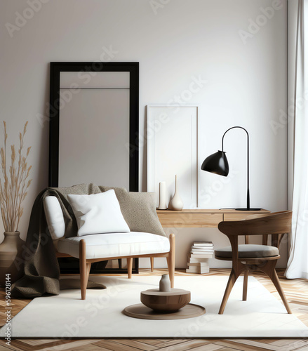 Minimalist and Modern Interior Living Room with Mockup frame and soft sofa color, generative ai © arlila