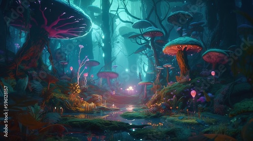 Fotografie, Obraz mystical fantasy jungle, digital art illustration, Generative AI