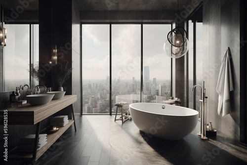 Contemporary bath space featuring bathtub & scenic window. Generative AI