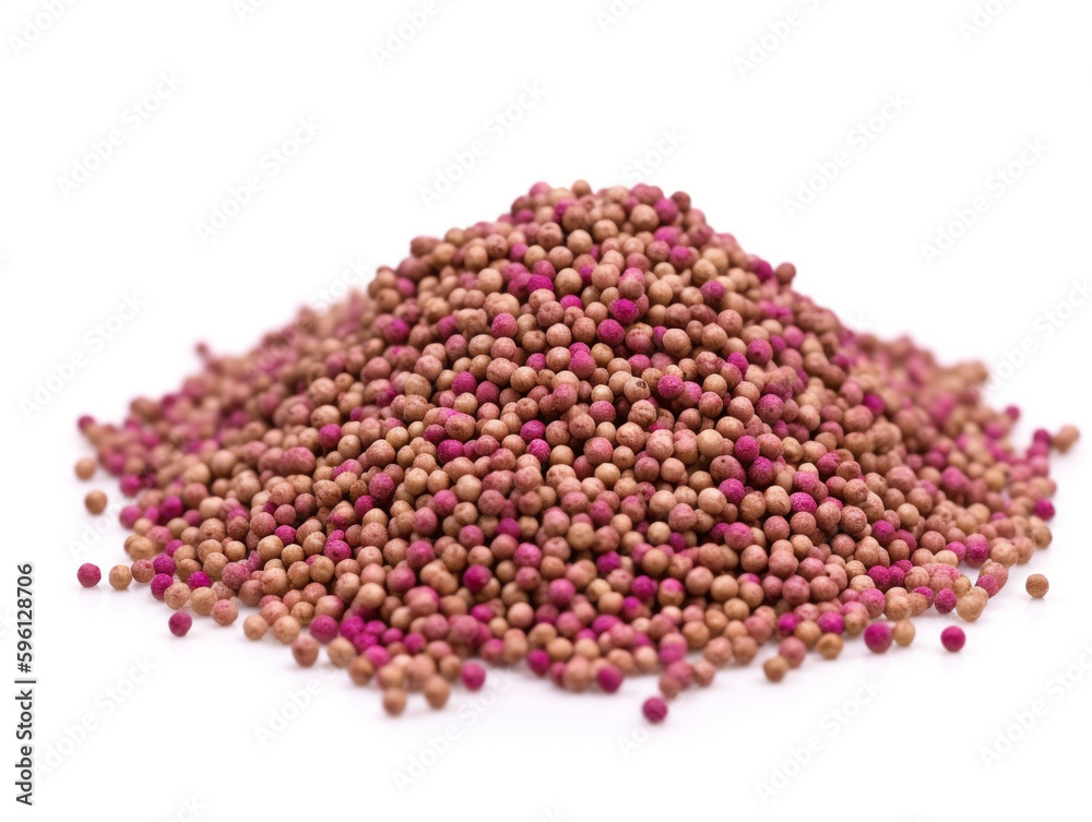 A pile of brown mustard seeds with pink and red on the bottom. A pile of brown mustard seeds with pink and red on the bottom.