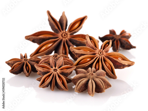 A bunch of star anise seeds on a white background