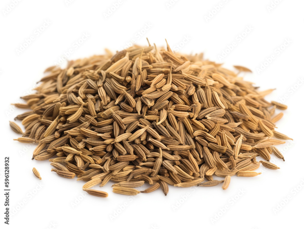 A pile of cumin seeds sits on a white surface.