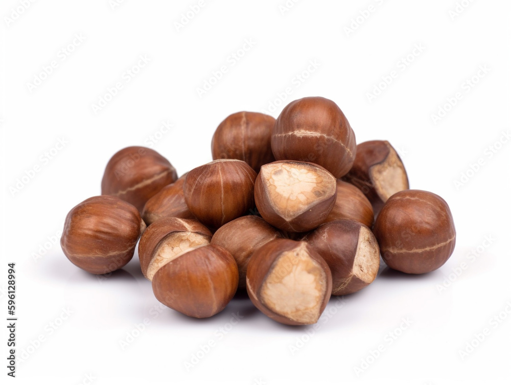 A pile of hazelnuts on a white background A pile of hazelnuts on a white background
