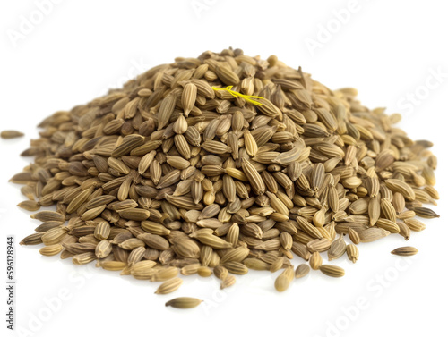 A pile of cumin seeds sits on a white surface.