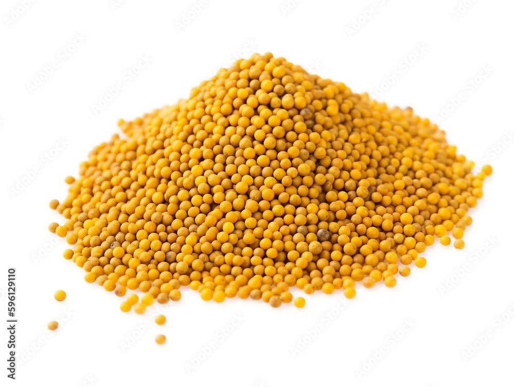 A pile of yellow mustard seeds on a white background A pile of yellow mustard seeds on a white background