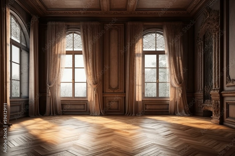 3D window view with wood floors, billowing curtains, and customizable background scenery. Perfect for adding your own image. Generative AI