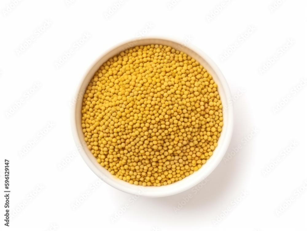 A bowl of yellow mustard seeds on a white background A bowl of yellow mustard seeds on a white background