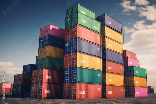 3D stack of vibrant shipping containers. Generative AI