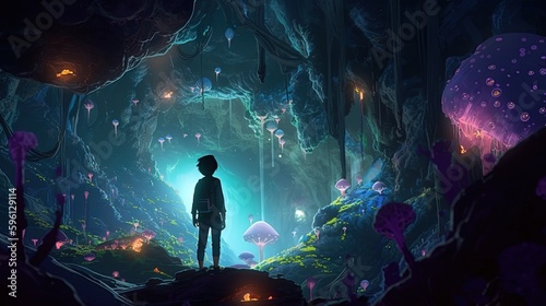 person lost in magical cave, digital art illustration, Generative AI