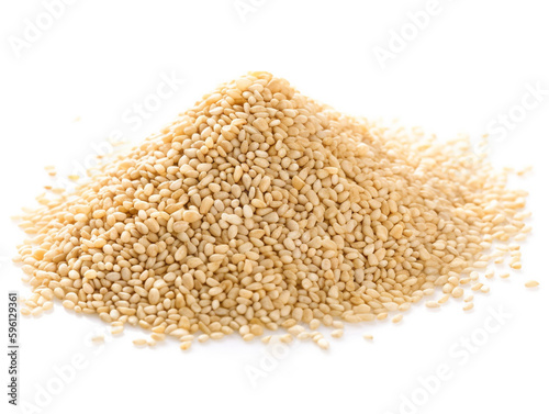 A pile of white sesame seeds on a white background