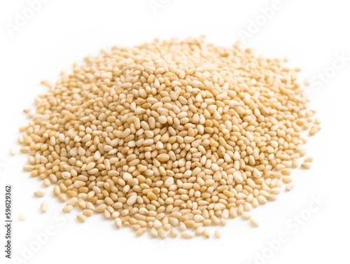 A pile of white sesame seeds on a white background